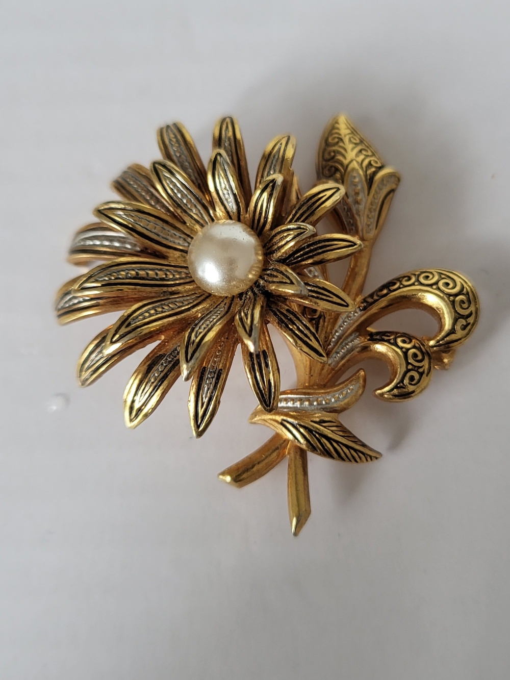 Vintage Damascene Spain Gold-Tone Floral Pearl Center Brooch